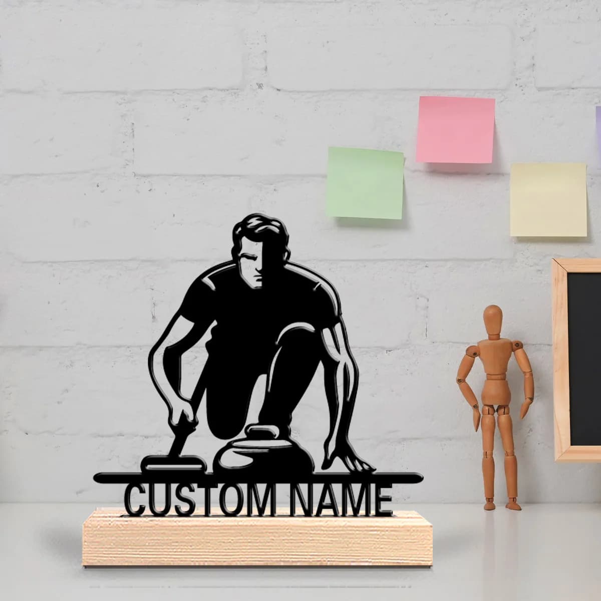1pc Simple curling player Metal Statue Iron Ornament Custom Name Handicraft With Wood Base Tin Sculpture Office Desk
