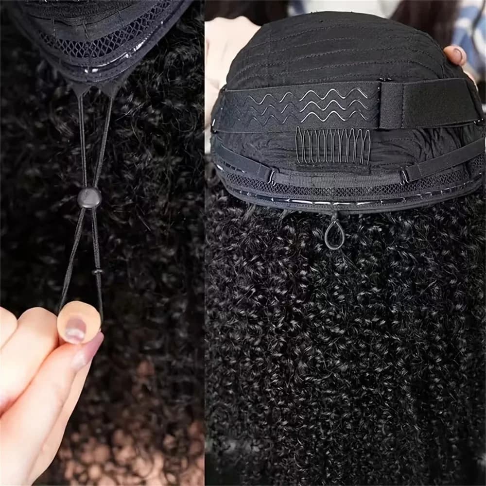 Kinky Curly Human Hair Half Wig Glueless Wig Headband Wig Upgrade 3 IN 1 Half Wig With Drawstring Seamless Clips Wig For Women