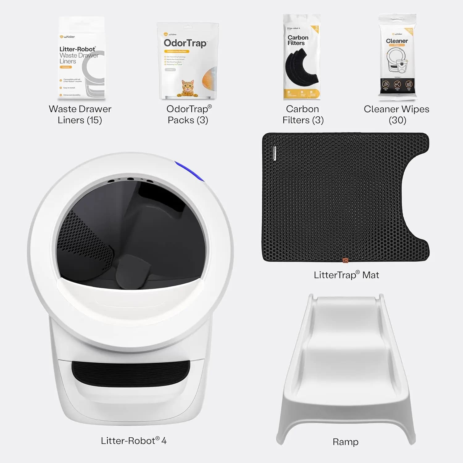 Lettiera Automatica Autopulente per Gatti Litter-Robot 4 Bianca con Rampa, Tappetino, OdorTrap, Sacchetti, Salviette e Filtri al Carbone di Whisker