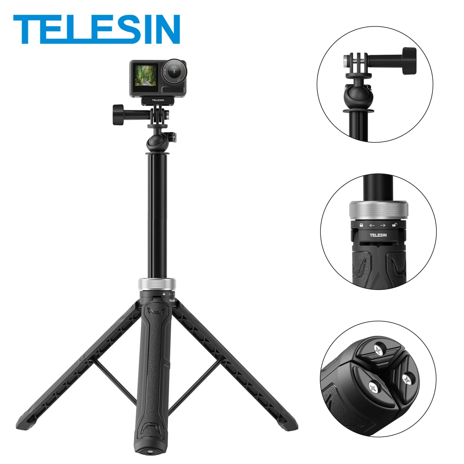 TELESIN 360 ° Rotation 1.5M Selfie Stick Foldable Tripod for GoPro Hero 13 12 11 10 9 8 7 6 5 Insta360 DJI Osmo Action