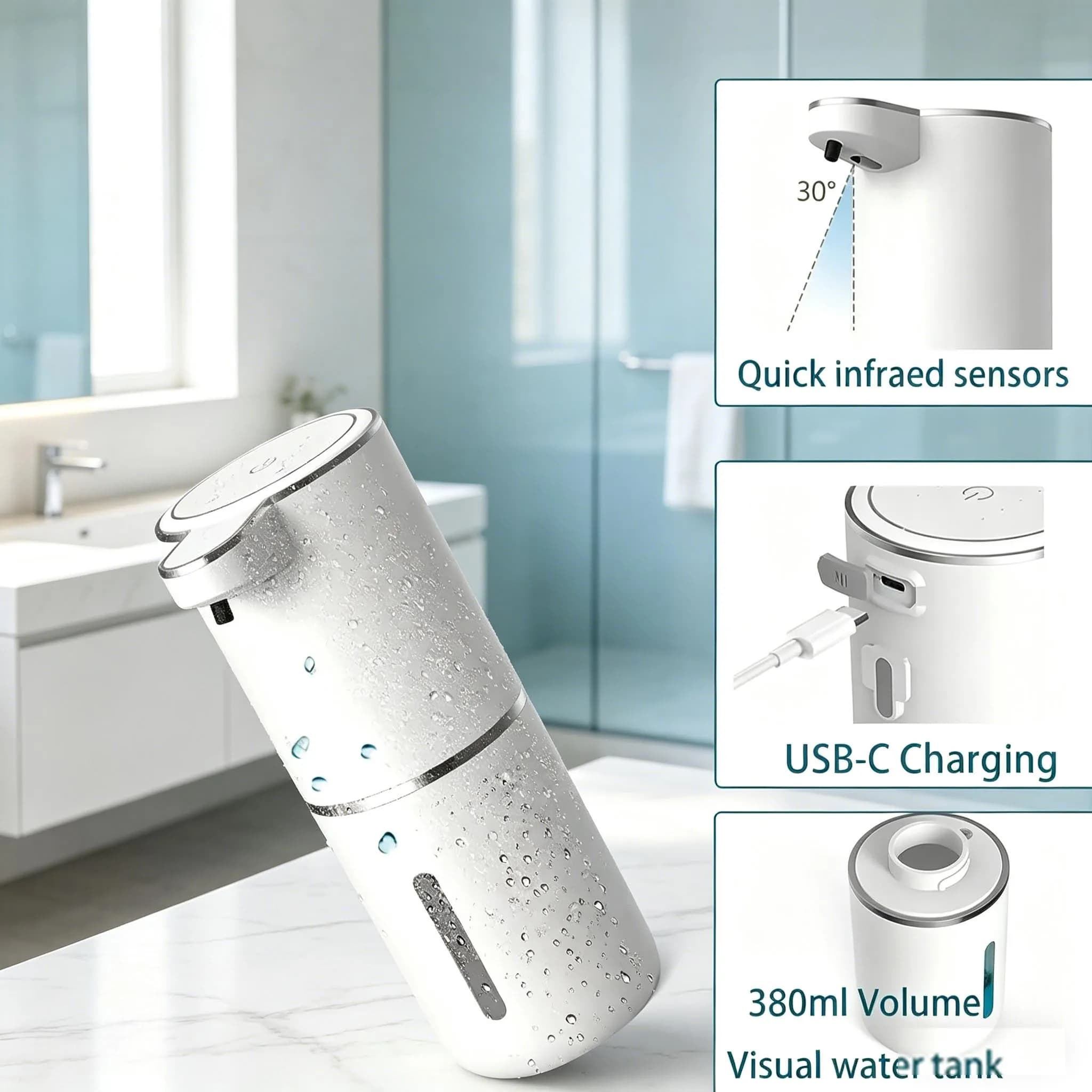 Dispenser Automatico di Sapone Senza Contatto, Erogatore di Schiuma 380ml Ricaricabile USB, Dispenser Elettrico di Sapone Schiumogeno con 4 Livelli di Regolazione