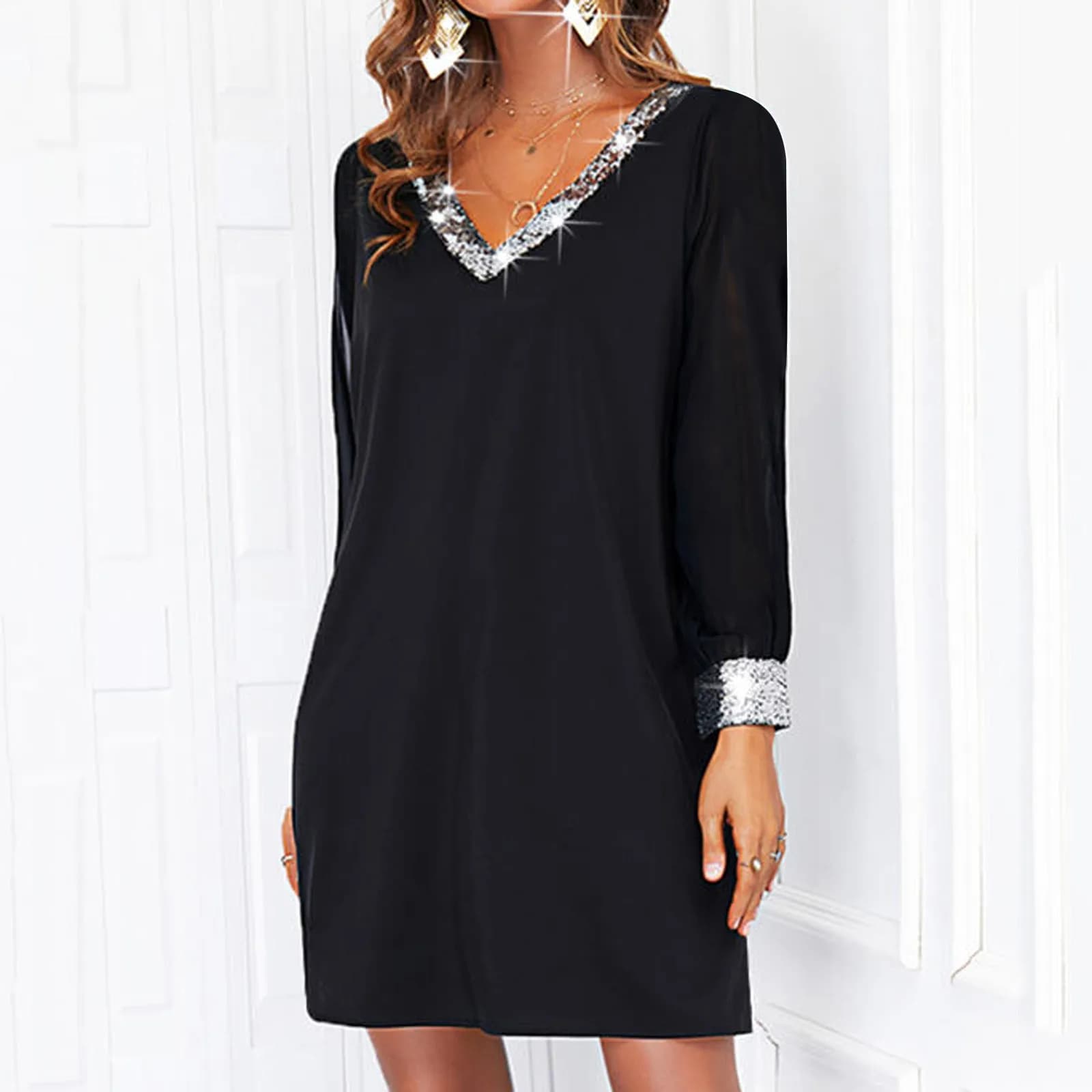 Dresses For Women 2025 Elegant Shiny Mesh Stitching Long Sleeve Robe Solid Color V Neck Mini Dress Evening Party Dresses Vestido