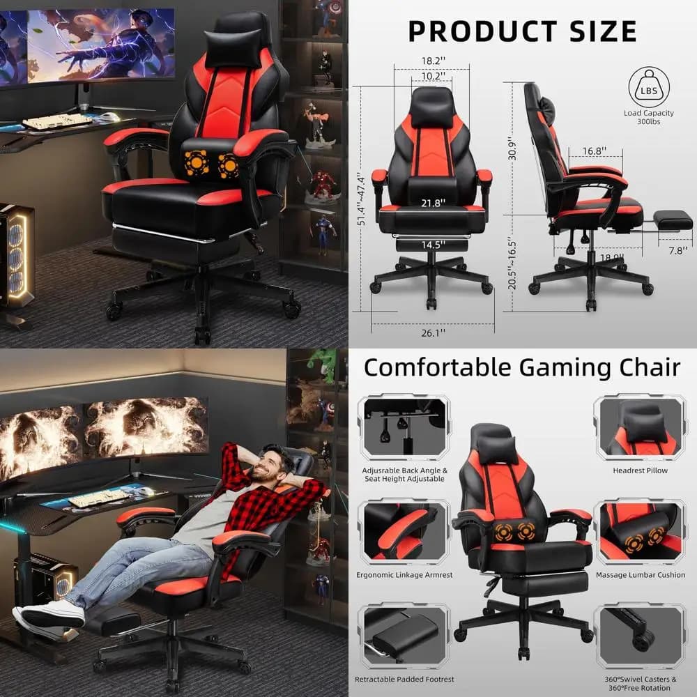Sedia da Gaming Ergonomica con Reclinazione, Supporto Massaggiante, Altezza Regolabile e Rotazione a 360° ° Girevole