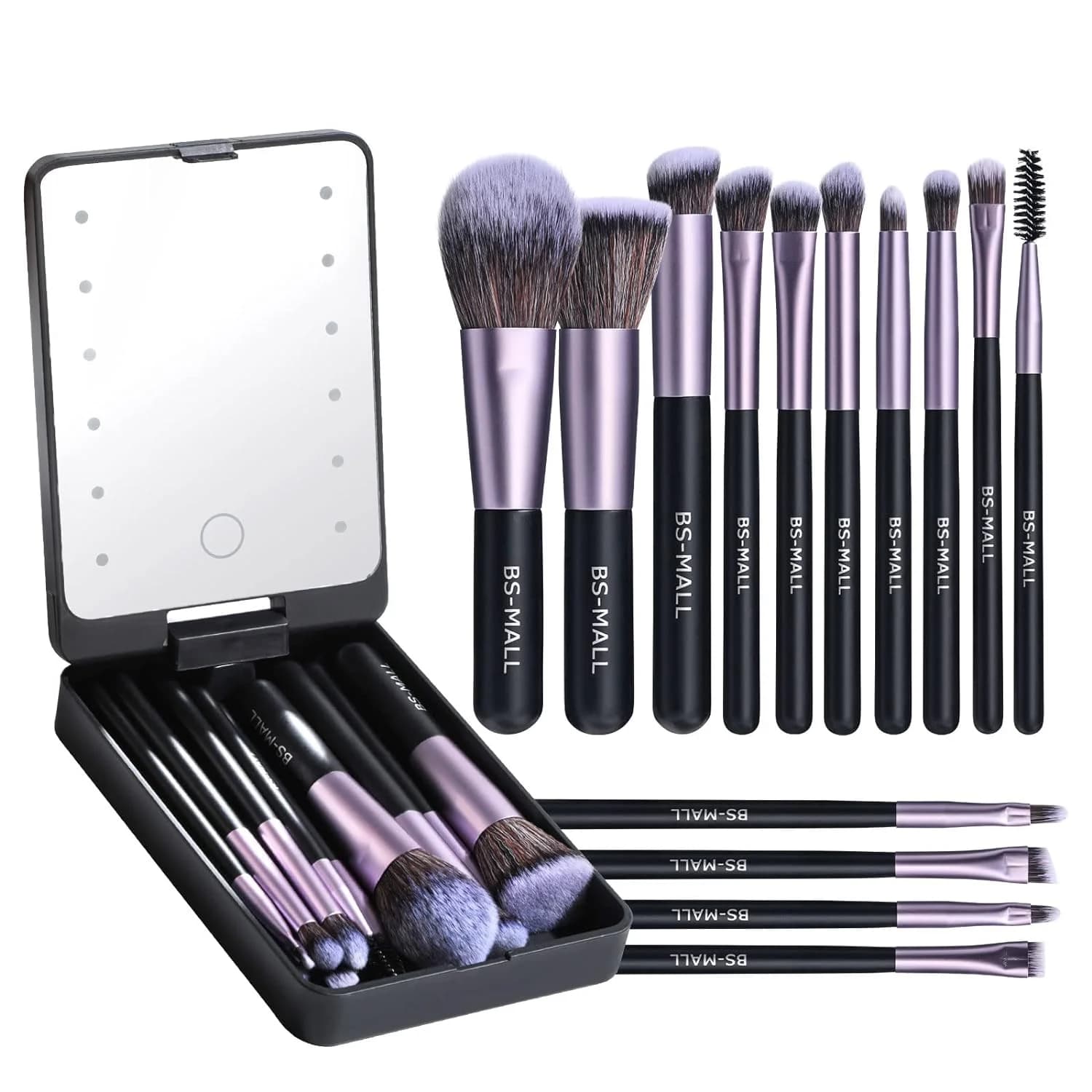Set di 14 Pennelli Professionali per Trucco con Specchio LED, Kit Completo di Pennelli Cosmetici per Fondotinta, Correttore e Ombretto