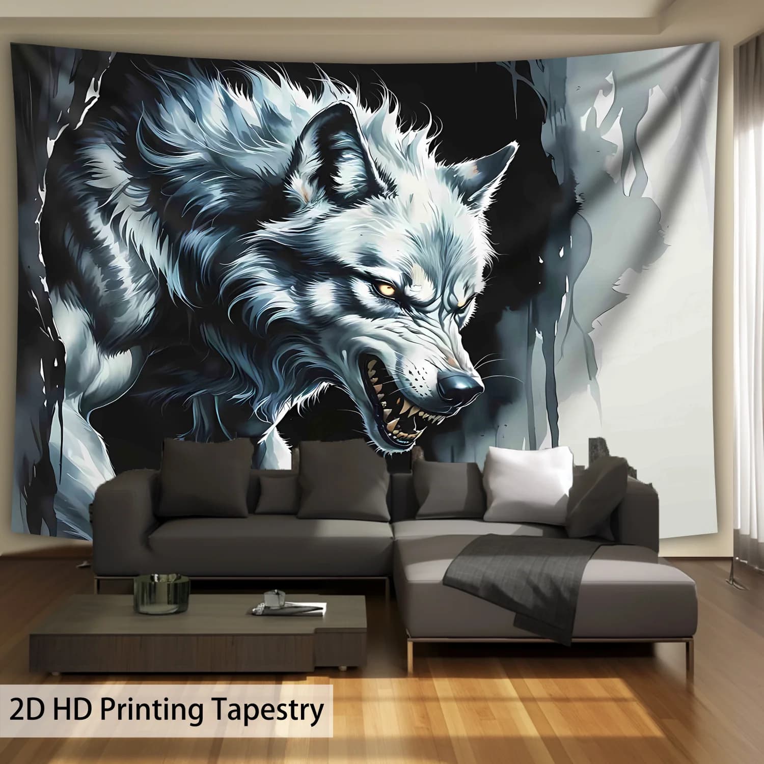 VIKAMA Roaring White Wolf Dark Tapestry Ink Style Wild Wall Carpet Beast Art Hanging Cloth Living Room Room Decoration