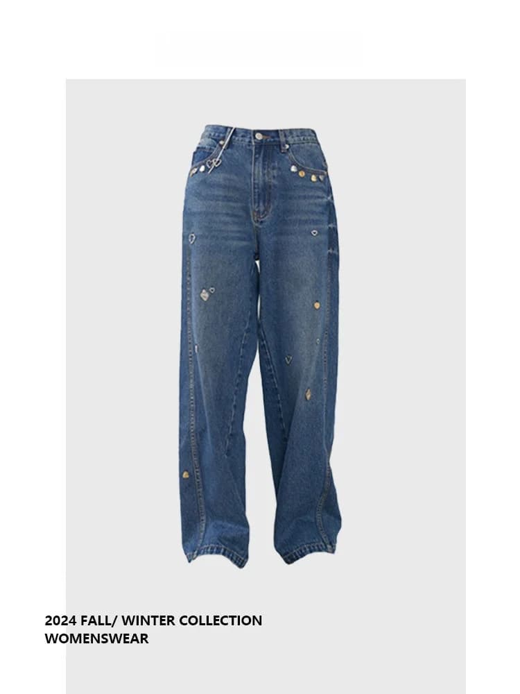 Jeans a Vita Alta e Gamba Larga Blu Scuro Forever 2 con Ciondolo Vintage, Pantaloni in Denim Larghi a Lunghezza Pavimento per Taglie Forti