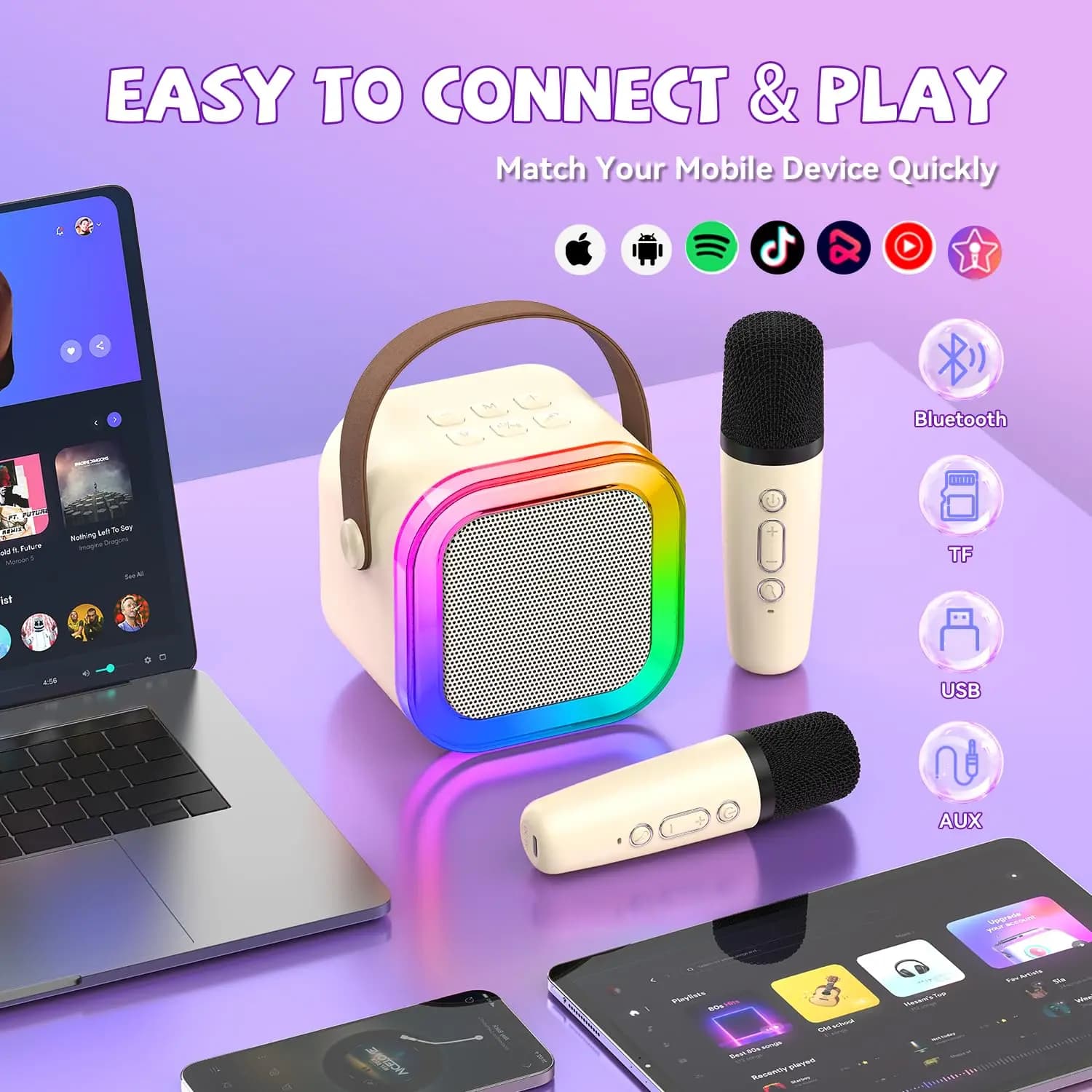 Haomuren Macchina per karaoke Bluetooth originale per adulti e bambini con microfoni wireless, altoparlante portatile con luce LED per feste