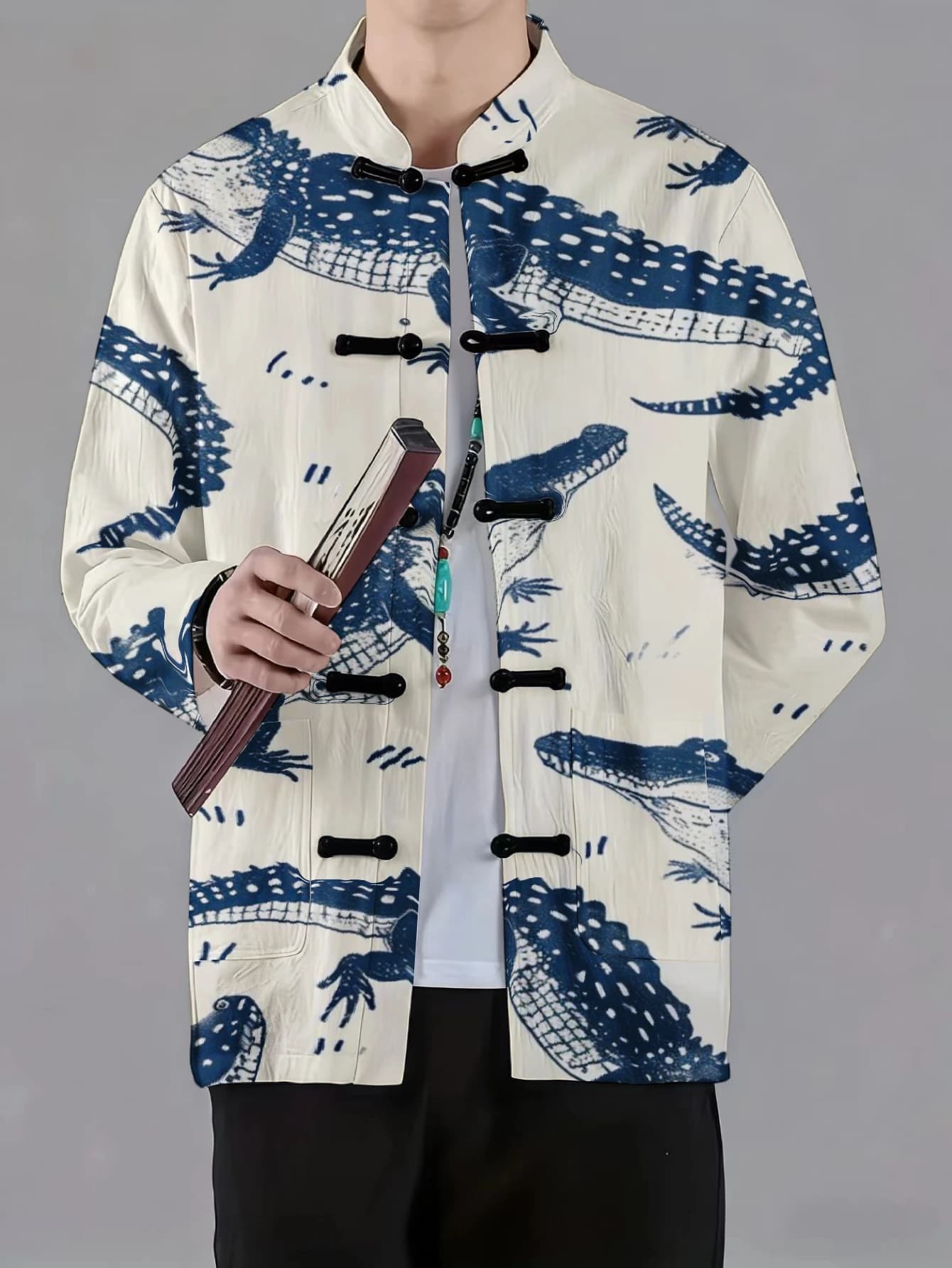 Men Mandarin Collar Frog Button Long Sleeve Jacket Marine Animal Ocean Theme Print Casual Outerwear With Side Pockets