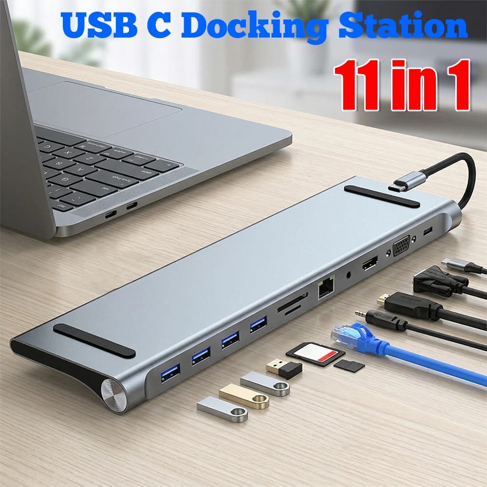 Hub USB C 11 in 1 con Triplo Display, HDMI 4K, VGA, Ethernet, Dock USB C per MacBook Pro/Air, Dell, HP, Surface, Lenovo, ASUS