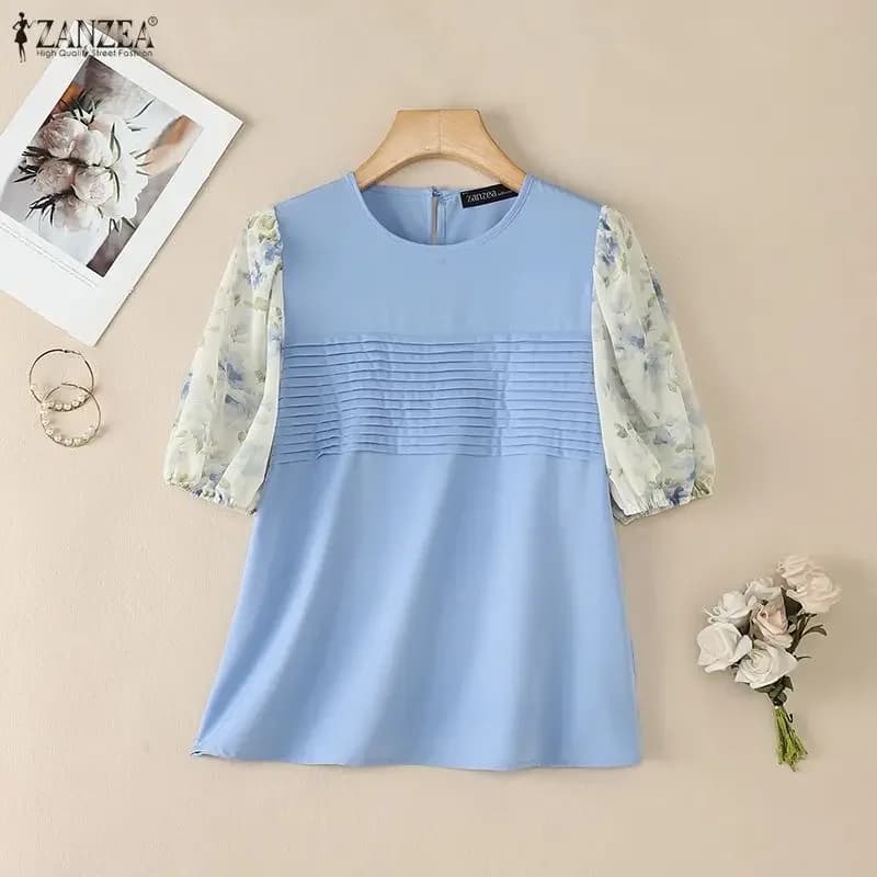 2026 ZANZEA Women's Floral Shirt, Elegant Casual with Neckline in O and Half Sleeve, Holiday Shirt, Top Elegant for Office and Work Mujer