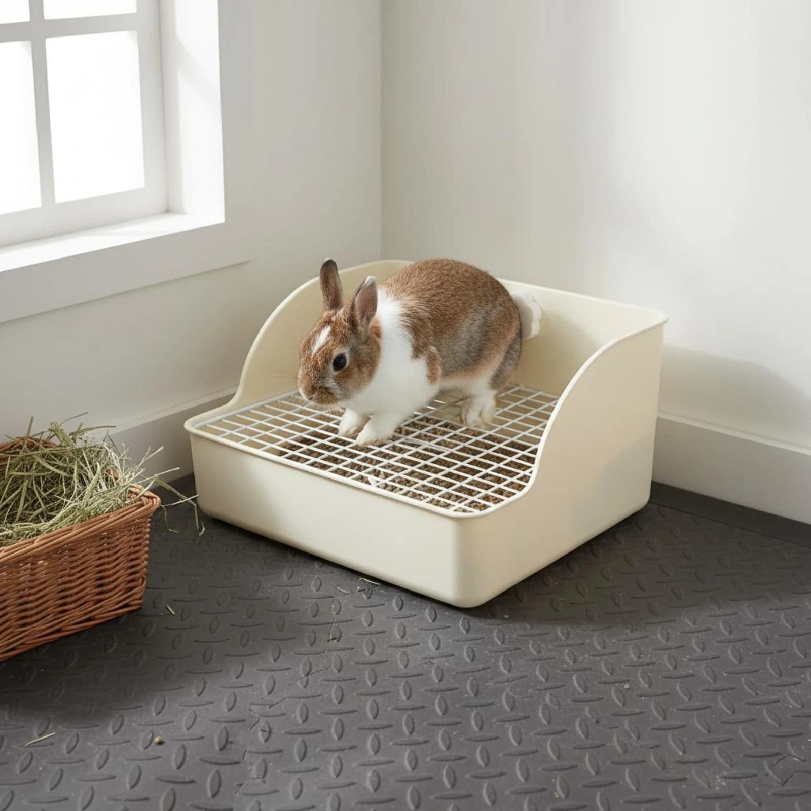 Rabbit Litter Tray Wide Grid Design High Sided Litter Box Guinea Pig Potty Tray with Grate Small Pet Toilet Pan Non-Slip Base