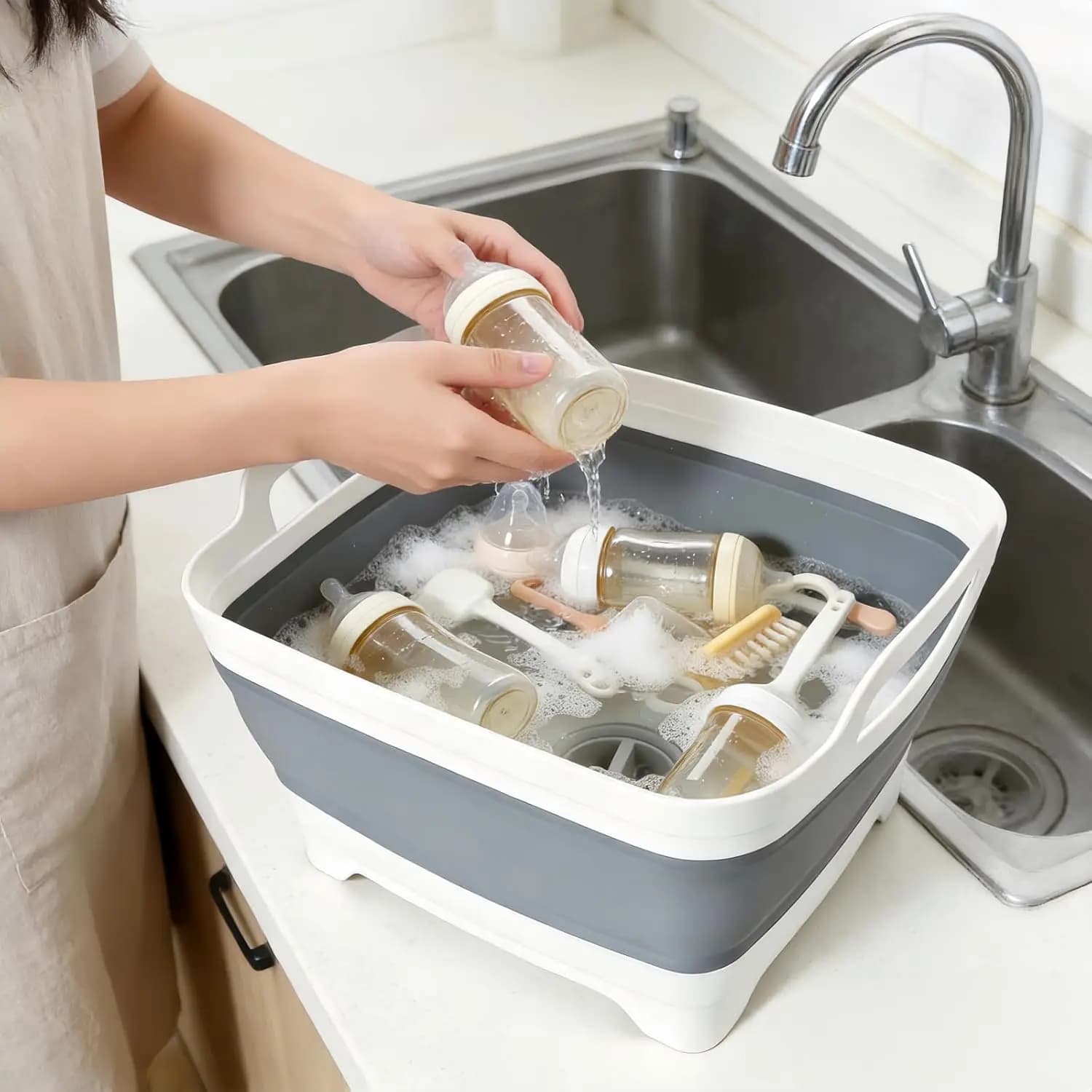1pc 9L Portable Folding Basin for Sink, Telescopic Plastic Dish Basin With Draining Plug, Laundry Tub, Camping Supplies