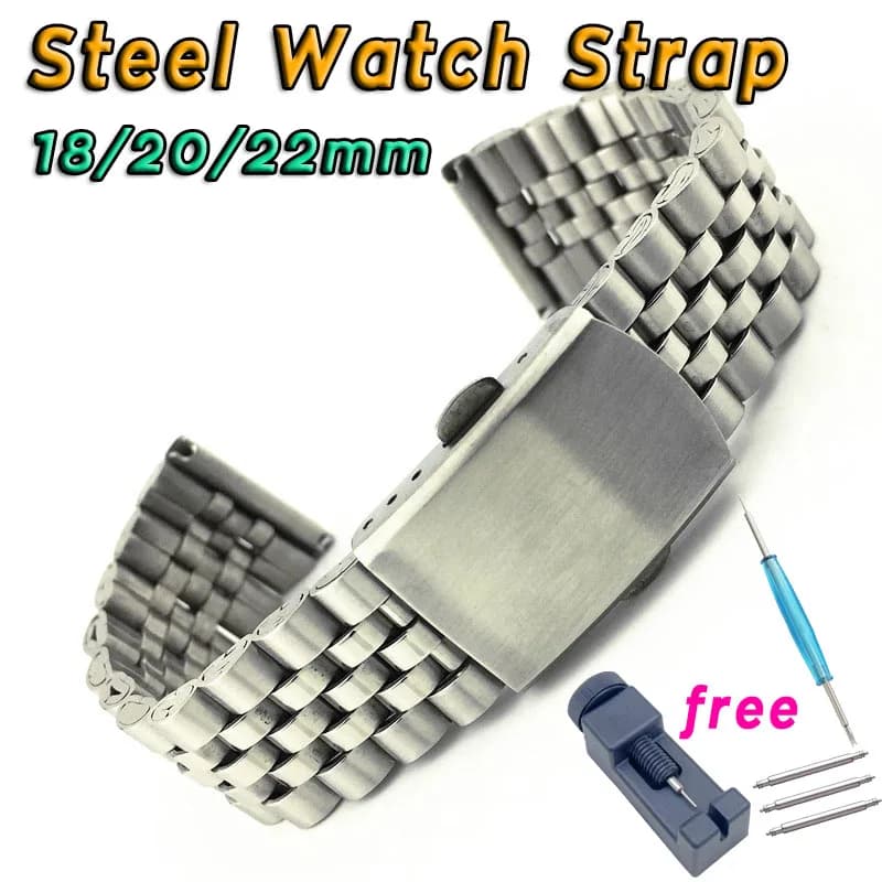 18mm 20mm 22mm Piece Stainless Steel Strap Flat End Folding Buckle Women Men Metal Replacement Watch Band Bracelet with Tool