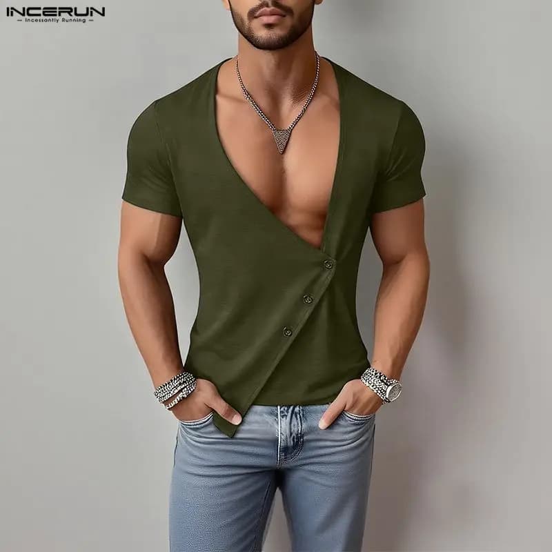 INCERUN T-shirt da uomo a tinta unita con scollo a V profondo, manica corta, top casual in maglia, streetwear, moda estiva 2026