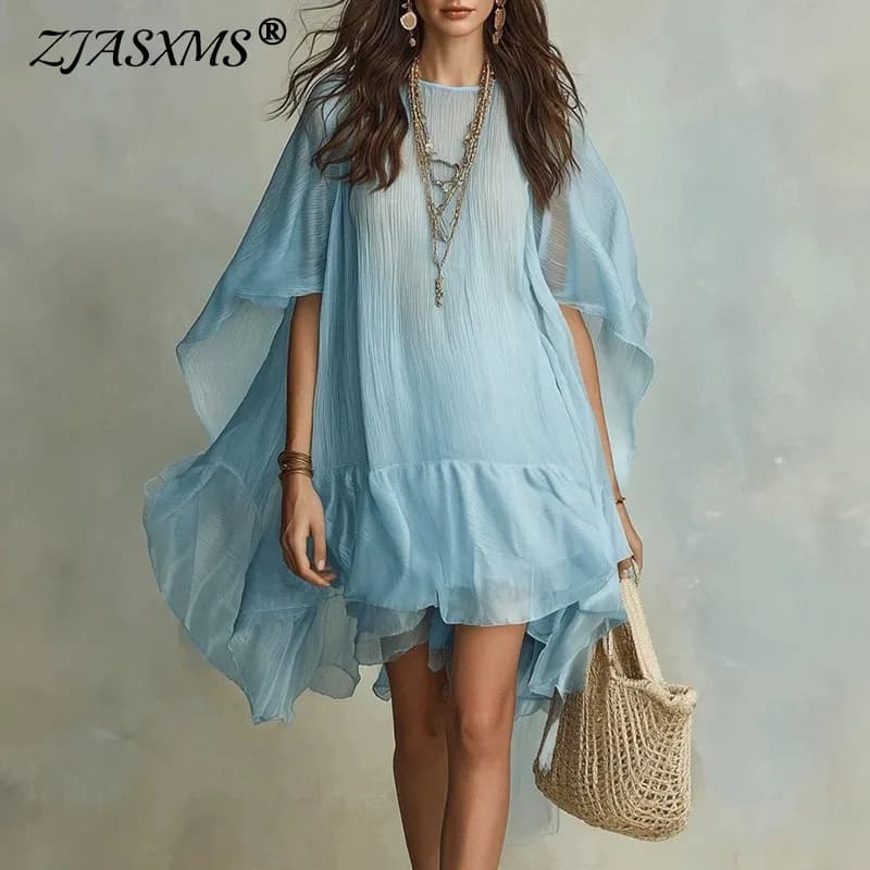 Women A-Line Solid Mini Dress Batwing Sleeve Round Neck Ruffle Hem Loose Flowy Dress Bohemian Beach Casual Summer Vacation Dress