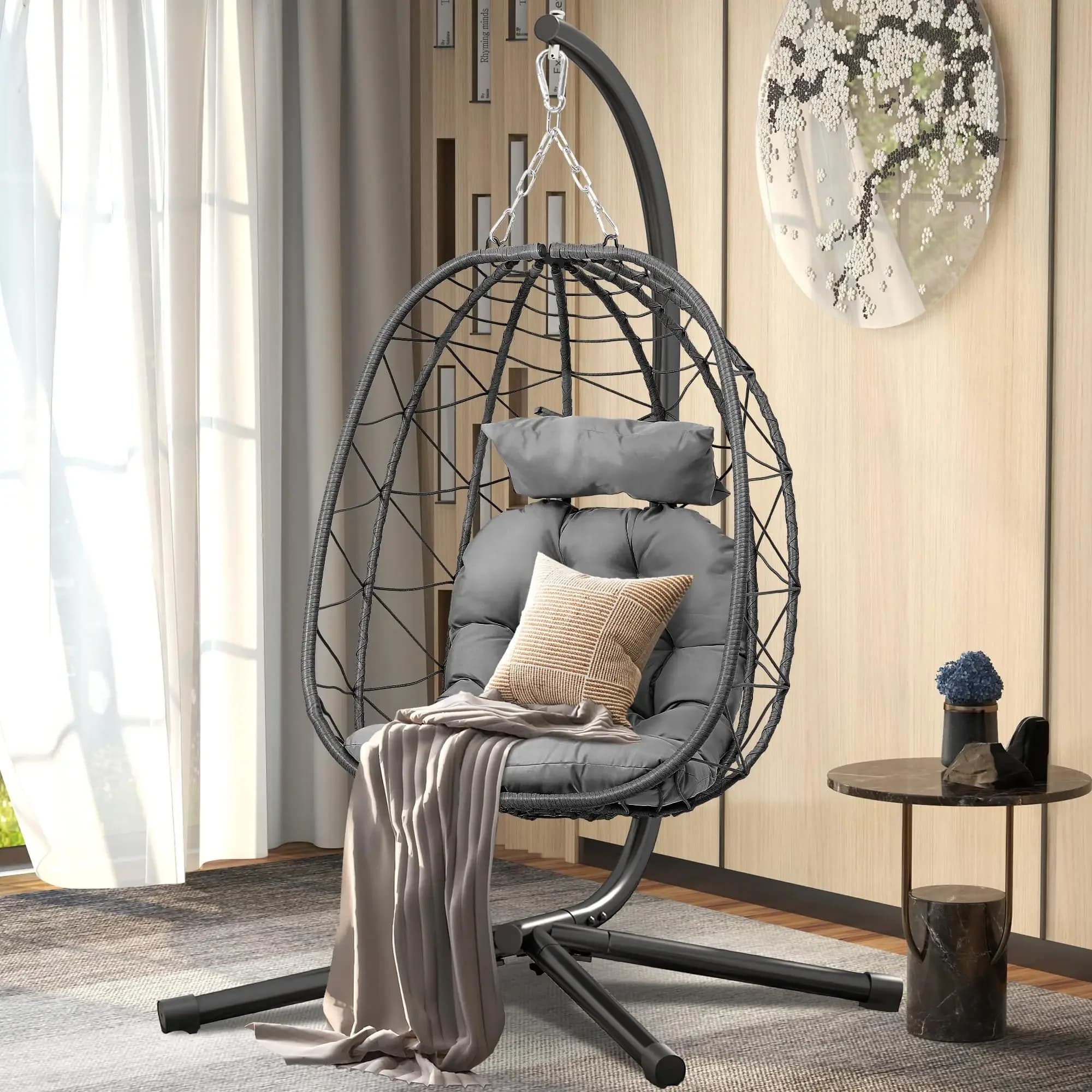 Suspended egg chair with pillow and headrest Rocking chair for interior and exterior for patio, balcony, porch, capacity 350 pounds, comfortable