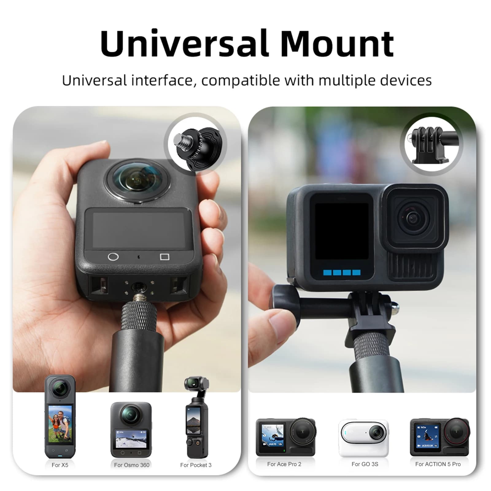 Asta per selfie in lega di alluminio con impugnatura regolabile per Insta360 Go Ultra/X5/Pocket 3