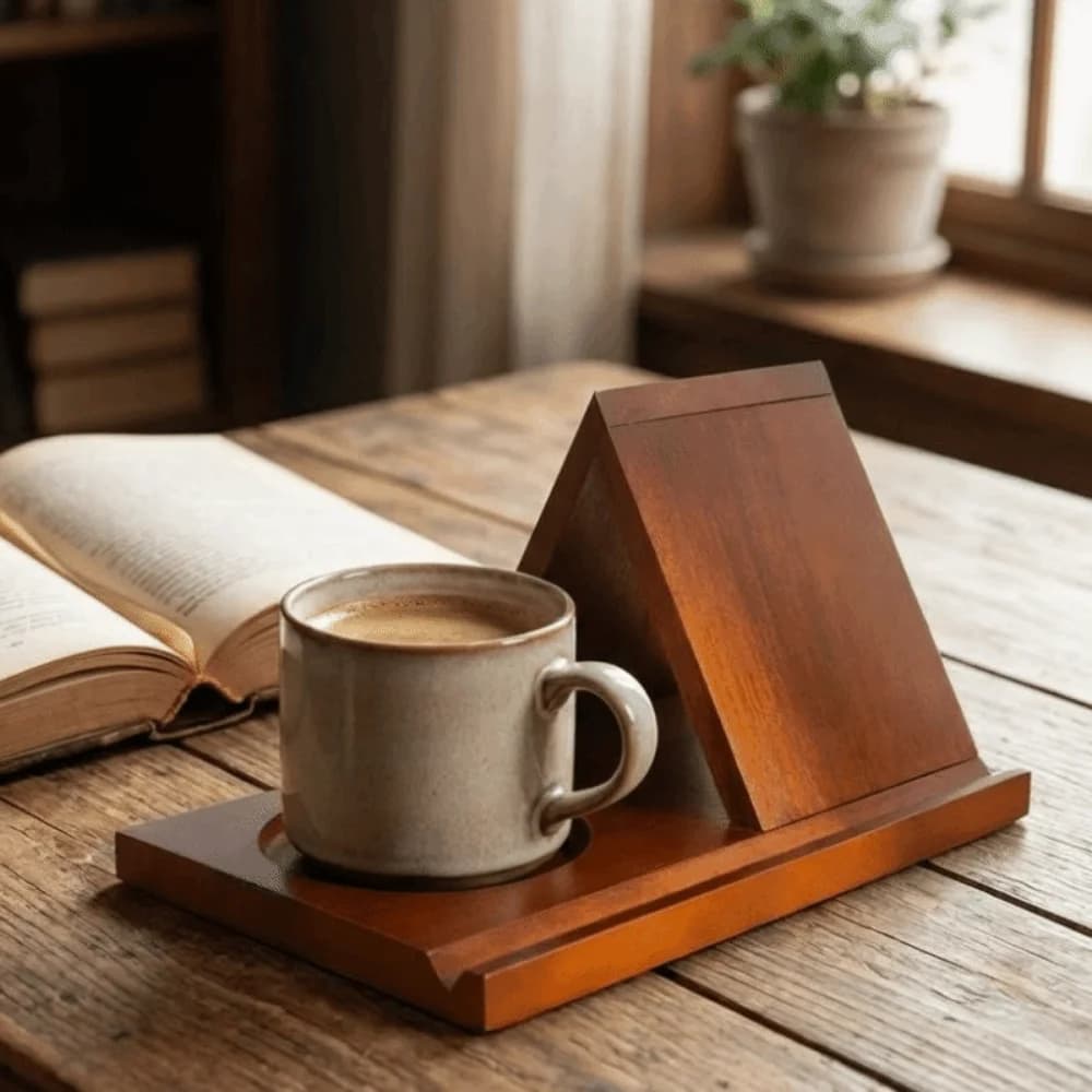 Minimalist 2 in 1 Triangle Wooden Book Holder Sturdy Decorative Reading Stand Simple with Cup Holder Magazine Rack Bookstore