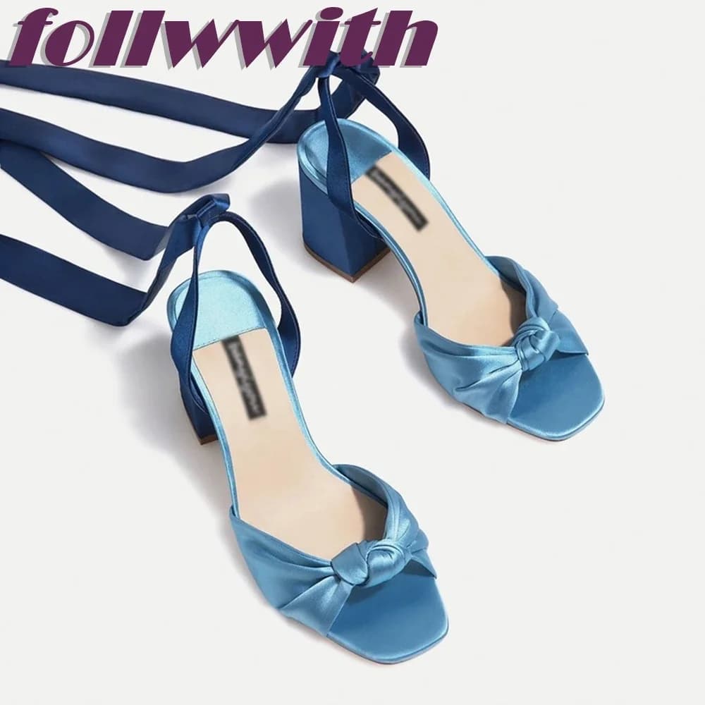 Silk Knot Lace Up Sandals Cross Tied Ankle Wrap Chunky Heel Concise Round Toe Party 2026 New Arrival Summer Woman Shoes