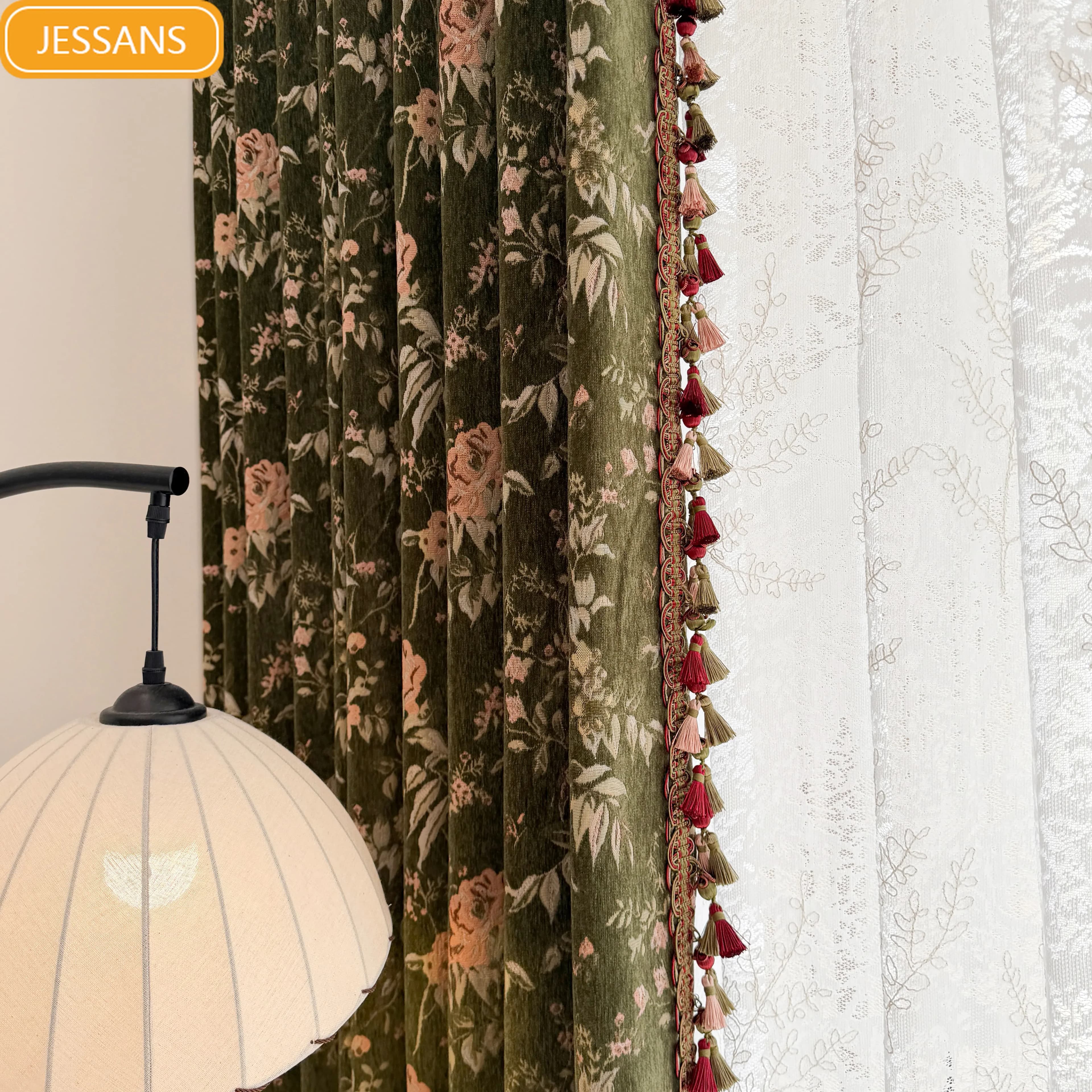 French Retro Green Jacquard Chenille Thickened Curtains for Living Room Bedroom French Window Customized Villa Finished Products