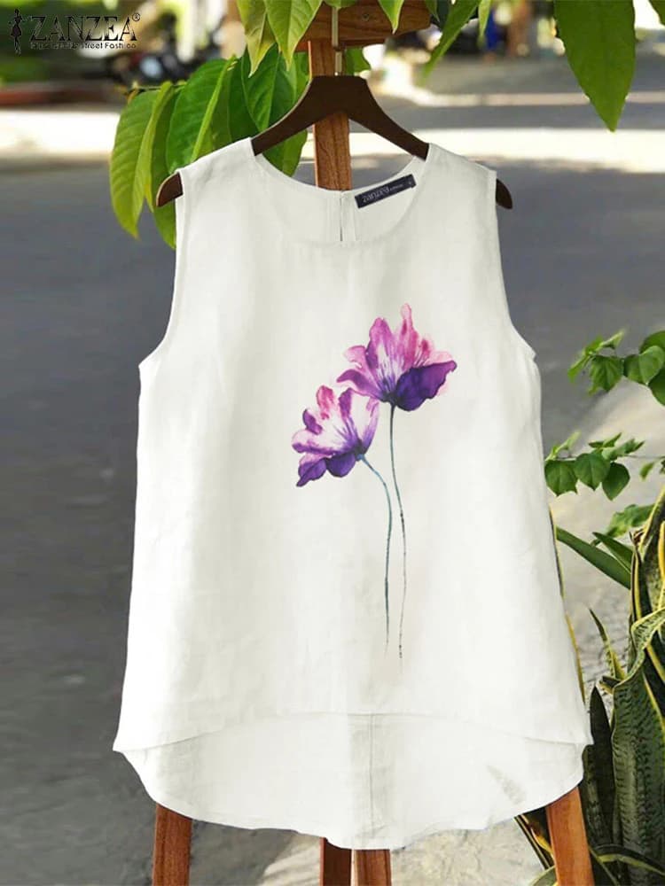 2025 ZANZEA Estate Shirts Women's Sleeveless Shirts Printed Vintage Cotton Armed Cartoon T-shirts and blouses Casual Or Collar Trained Holiday Shirt Mujer Femme