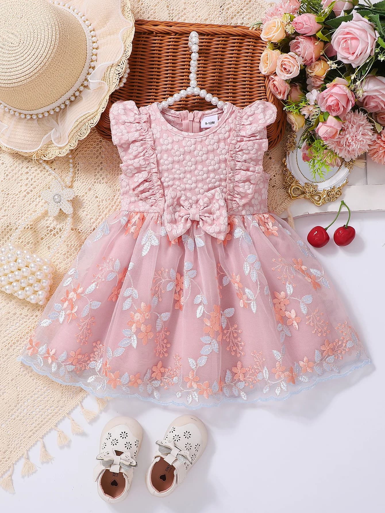 Gonna Estiva da Principessa per Bambine con Ricamo 3D, Gonna in Tulle Rosa Chiaro con Balze, Abito da Festa per Bambini