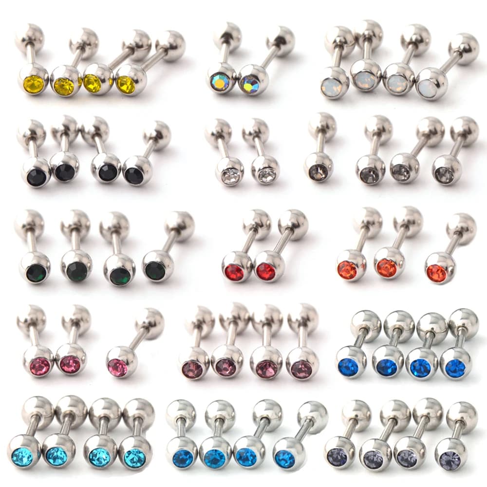 2 Pezzi Sfera di Acciaio Chirurgico Rotonda di Cristallo Cartilagine Bilanciere Bar Ear Stud Piercing 18G Orecchino Body Piercing Gioielli