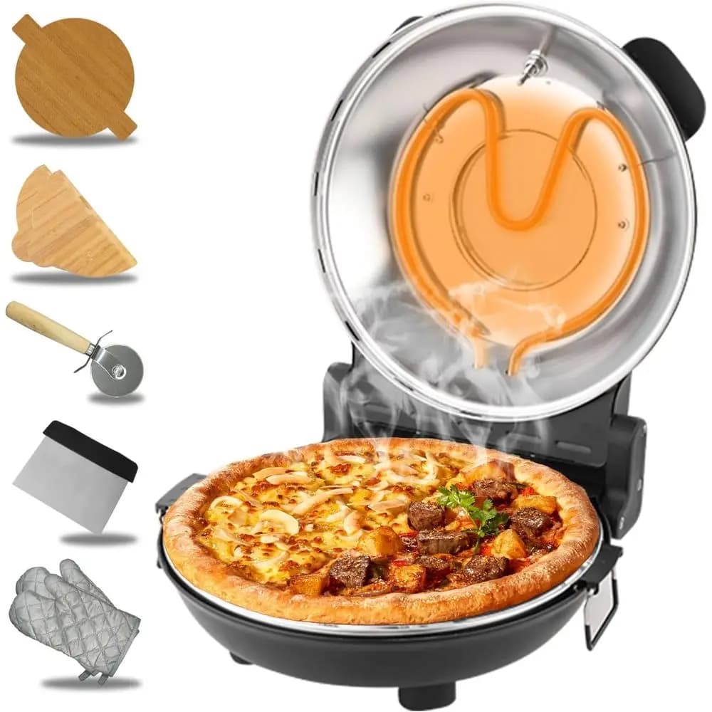 Forno Elettrico per Pizza da Interno Stile Vintage da 12 Pollici con 800 Watt ° Riscaldamento F, 1200W, pietra ceramica smaltata, controllo della temperatura a doppio pulsante