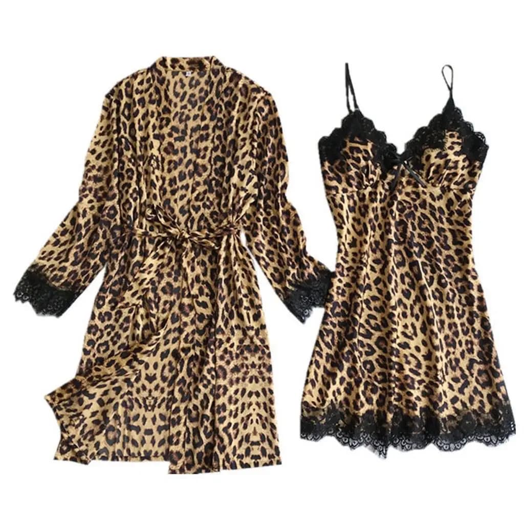 Womens Imitation Silk Bathrobe, Leopard Print With Lace Nightdress ,Home Clothes