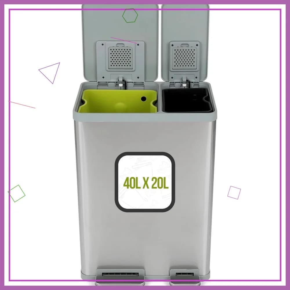 Cestino per la Raccolta Differenziata a Doppio Scomparto da 60L/16Gal con Apertura a Pedale e Coperchio a Chiusura Morbida, in Acciaio Inossidabile Spazzolato (40L+20L)