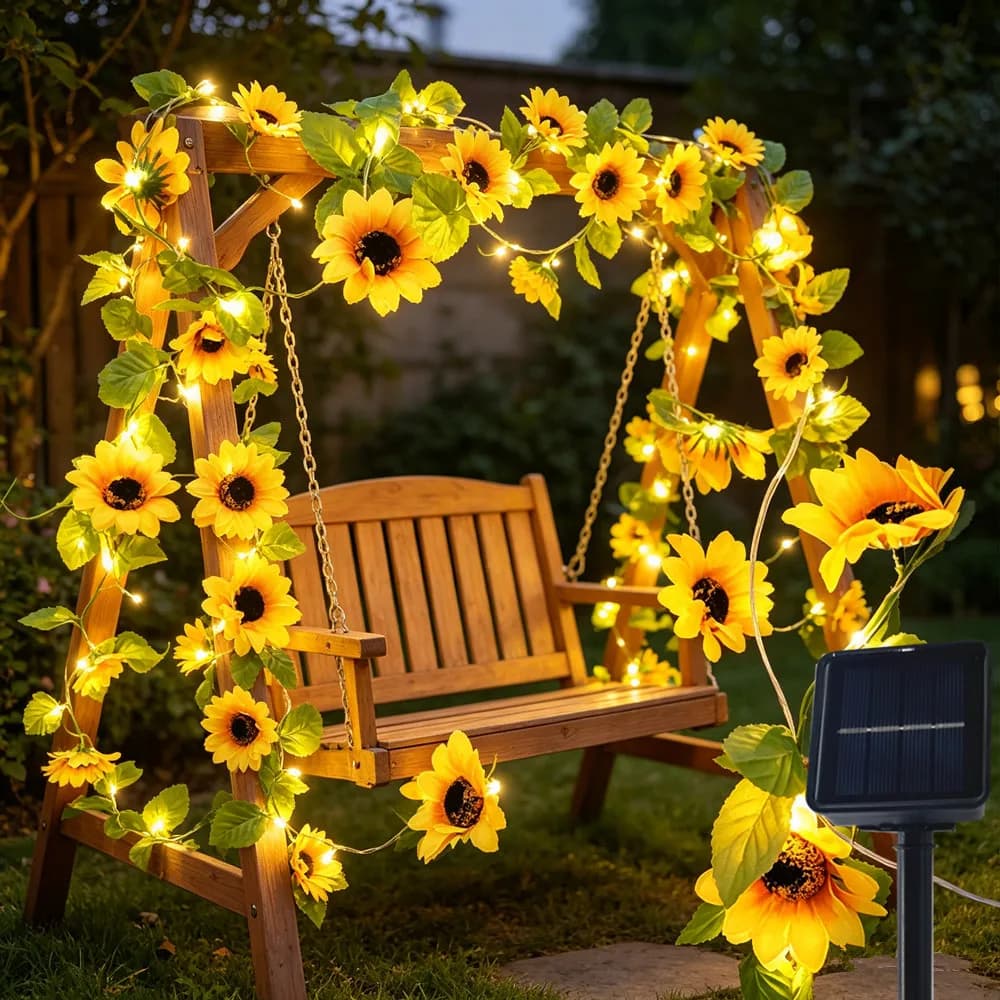 Luci a Ghirlanda per Esterni, Luci Fatate a Forma di Vite Artificiale, Luci a Stringa Solari con Fiori e Foglie Verdi per Decorazioni Natalizie e Matrimoni