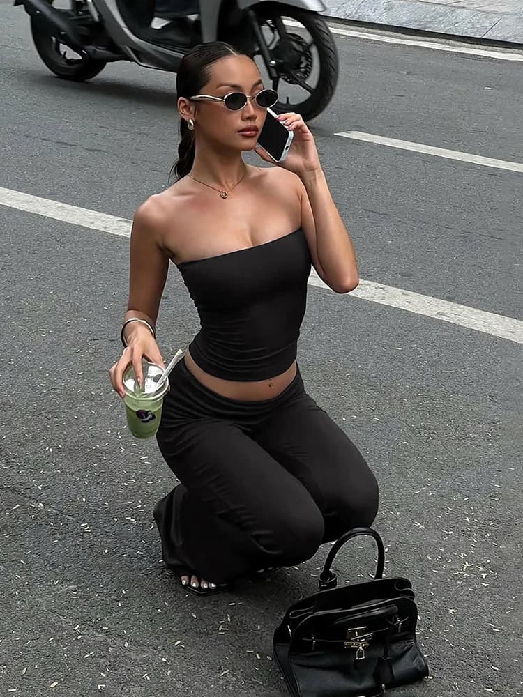 Sisterlinda Fashion 2 Piece Set Women Tracksuit Chic Sleeveless Tank Top+Patchwork Bell-Bottoms Classic Trend Street Sporty Suit