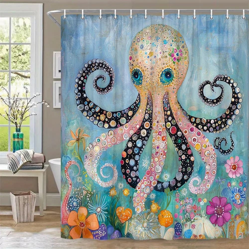 Tenda da doccia floreale vintage blu navy da 1 pezzo con stelle dorate e foglie verde acqua, design simmetrico di polpo - poliestere di lusso