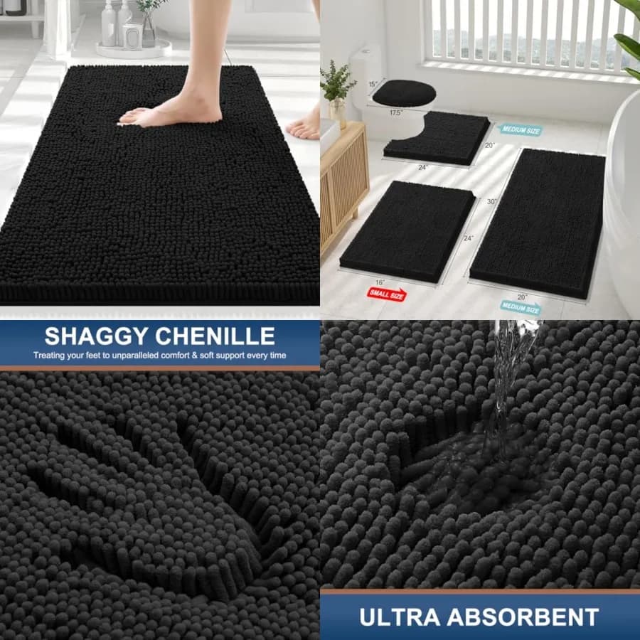 Tappeti da bagno di lusso in ciniglia 30x20, tappetino da bagno soffice e assorbente, lavabile in lavatrice, tappeto antiscivolo per vasca, doccia e pavimento, accessori per l'arredamento della casa, nero