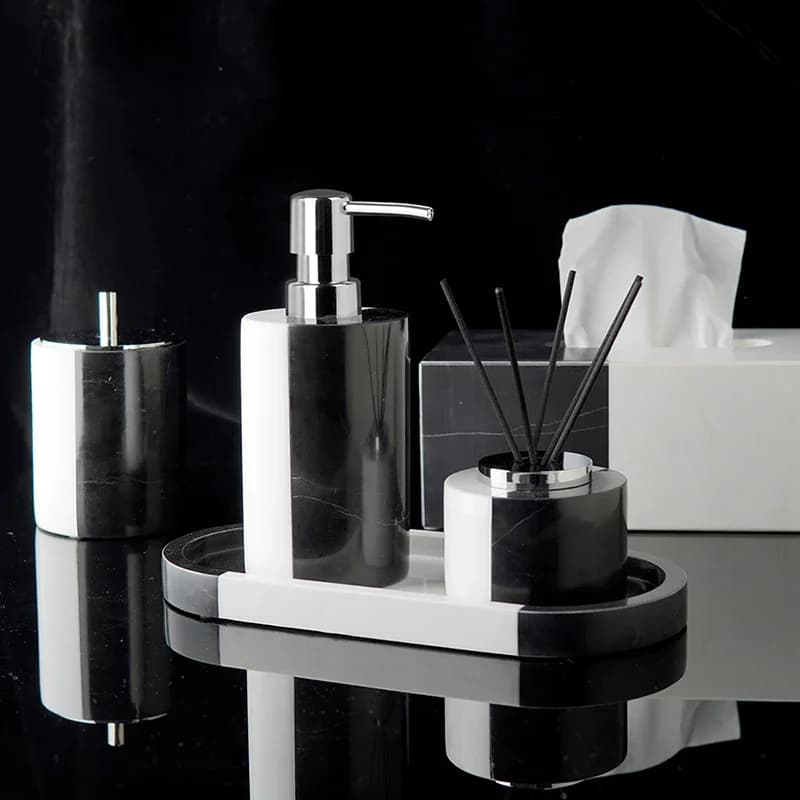 Black and White Natural Marble Set for Bathroom Soap Dispenser Cotton Swab Holder Toothbrush Holder Soap Dish Tray Bathroom Set