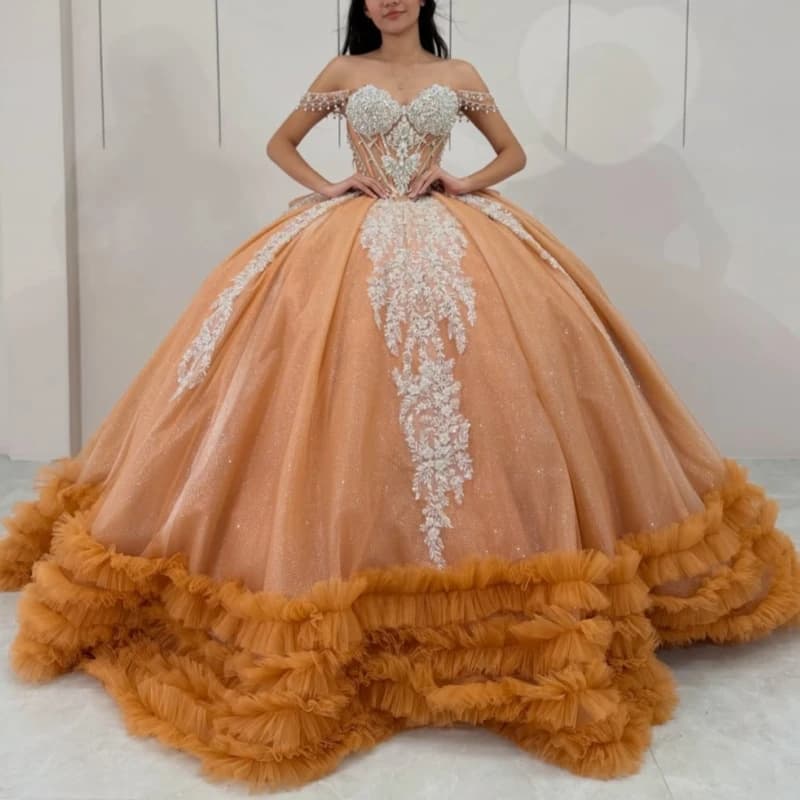 Orange Glitter Quinceanera Dresses Off Shoulder Ball Gown Sweet 16 Dress Sequin Applique Beading Crystal Bow Tiered Tull Party