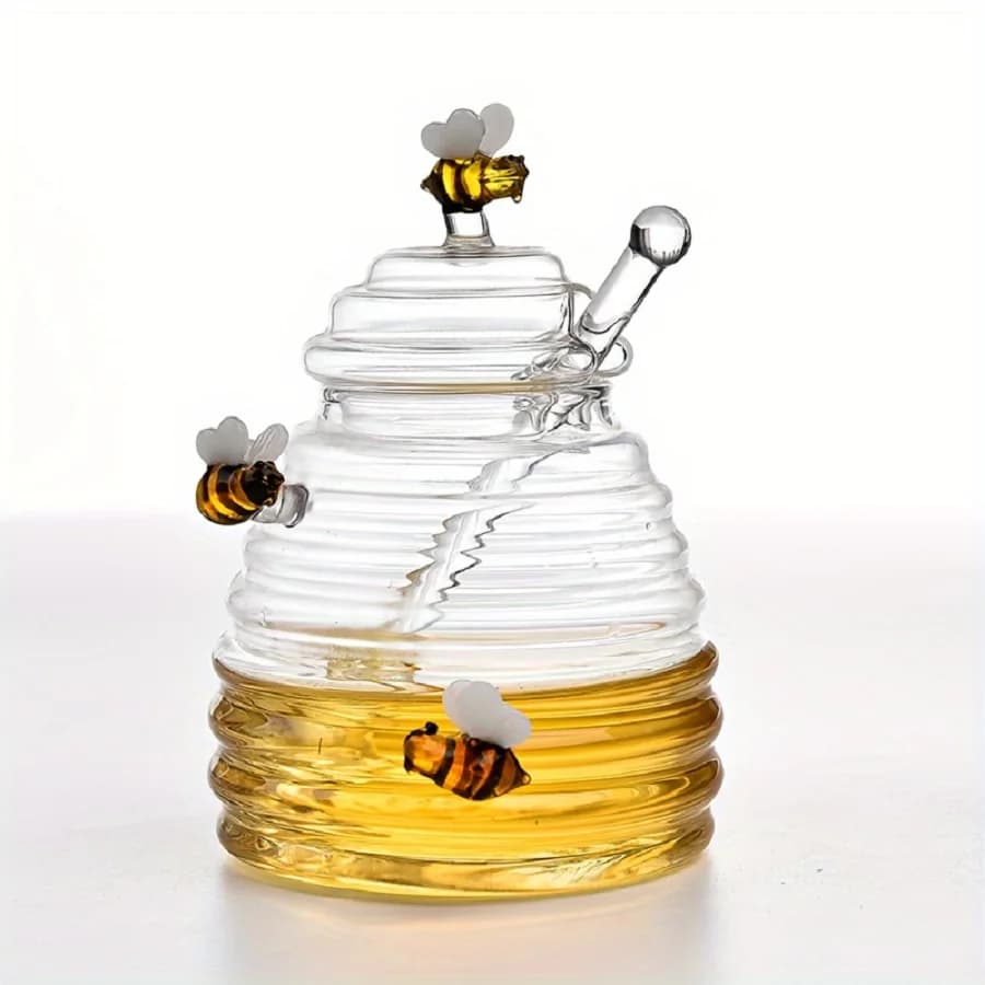 Barattolo di vetro per miele con cucchiaio e coperchio, grazioso contenitore per miele con decorazione a ape, contenitore per miele in vetro trasparente da 14oz per la cucina