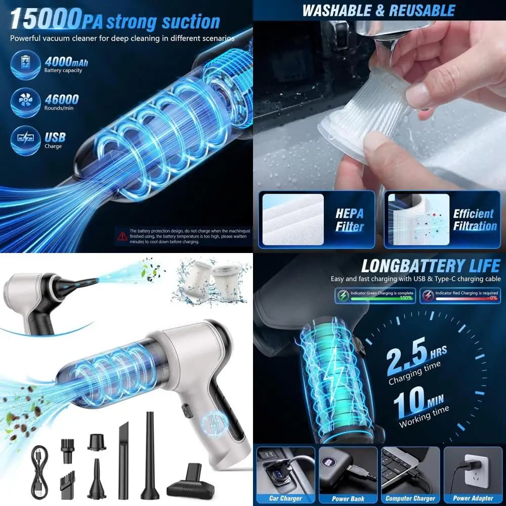 Aspirapolvere Portatile Ricaricabile per Solidi e Liquidi 15000Pa, Potenza 120W per Auto, Animali Domestici e Casa con Filtro HEPA Lavabile
