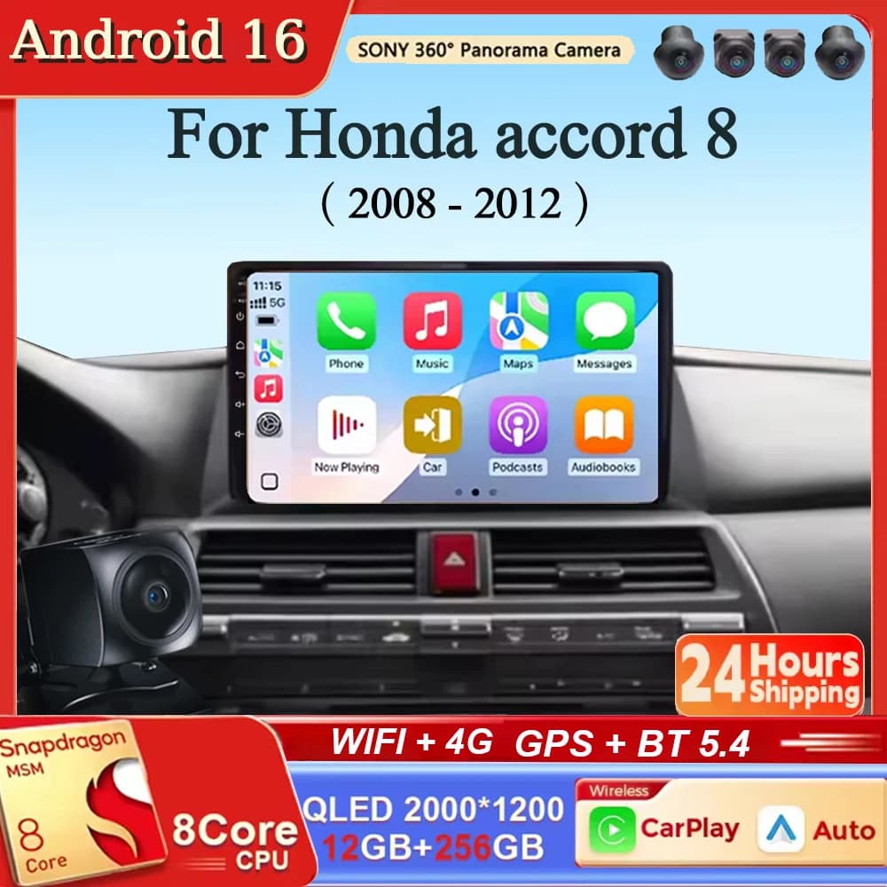 Per Honda Accord 8 2008-2012 Autoradio Android 16 con Carplay, Navigazione, Lettore Multimediale QLED, Stereo, BT, GPS, WIFI