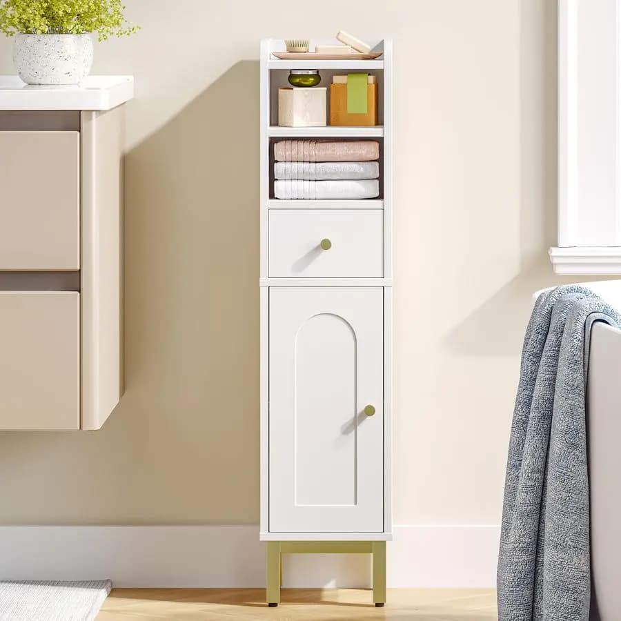 Mobiletto portaoggetti, mobiletto angolare da terra con cassetti e ante, porta carta igienica stretto, organizer da bagno con ripiani regolabili