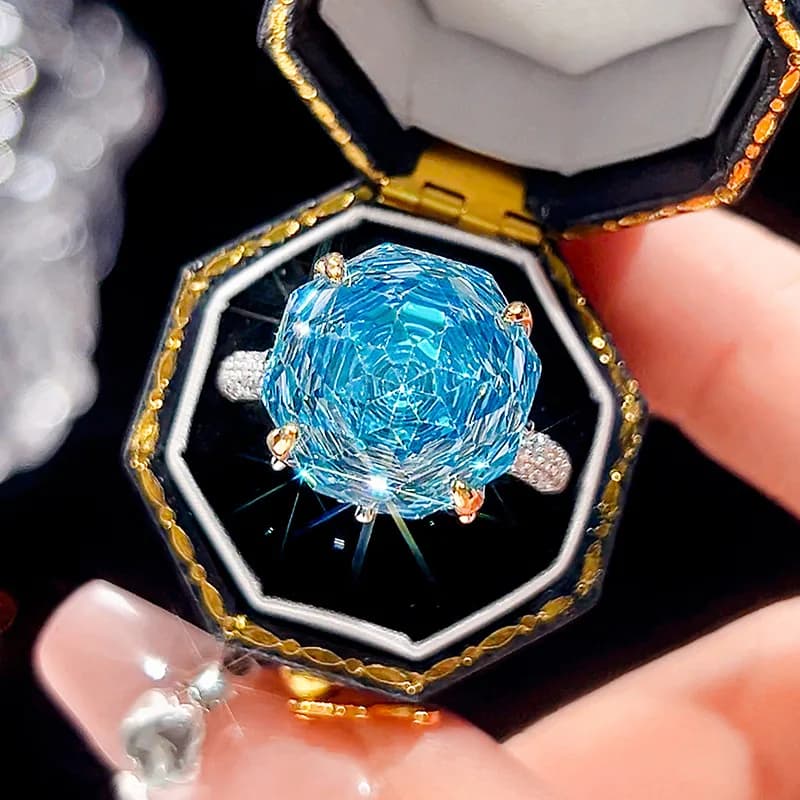 New Light Luxury Jewelry Blue Crystal Ring Sea Plated 18K Gold With Pink Cut