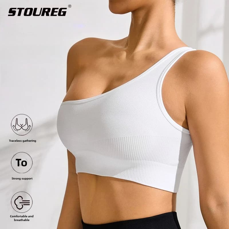 Top da fitness da corsa per yoga da donna Canotta sportiva con cinturino sexy con una spalla Intimo da corsa aderente in tinta unita con una spalla