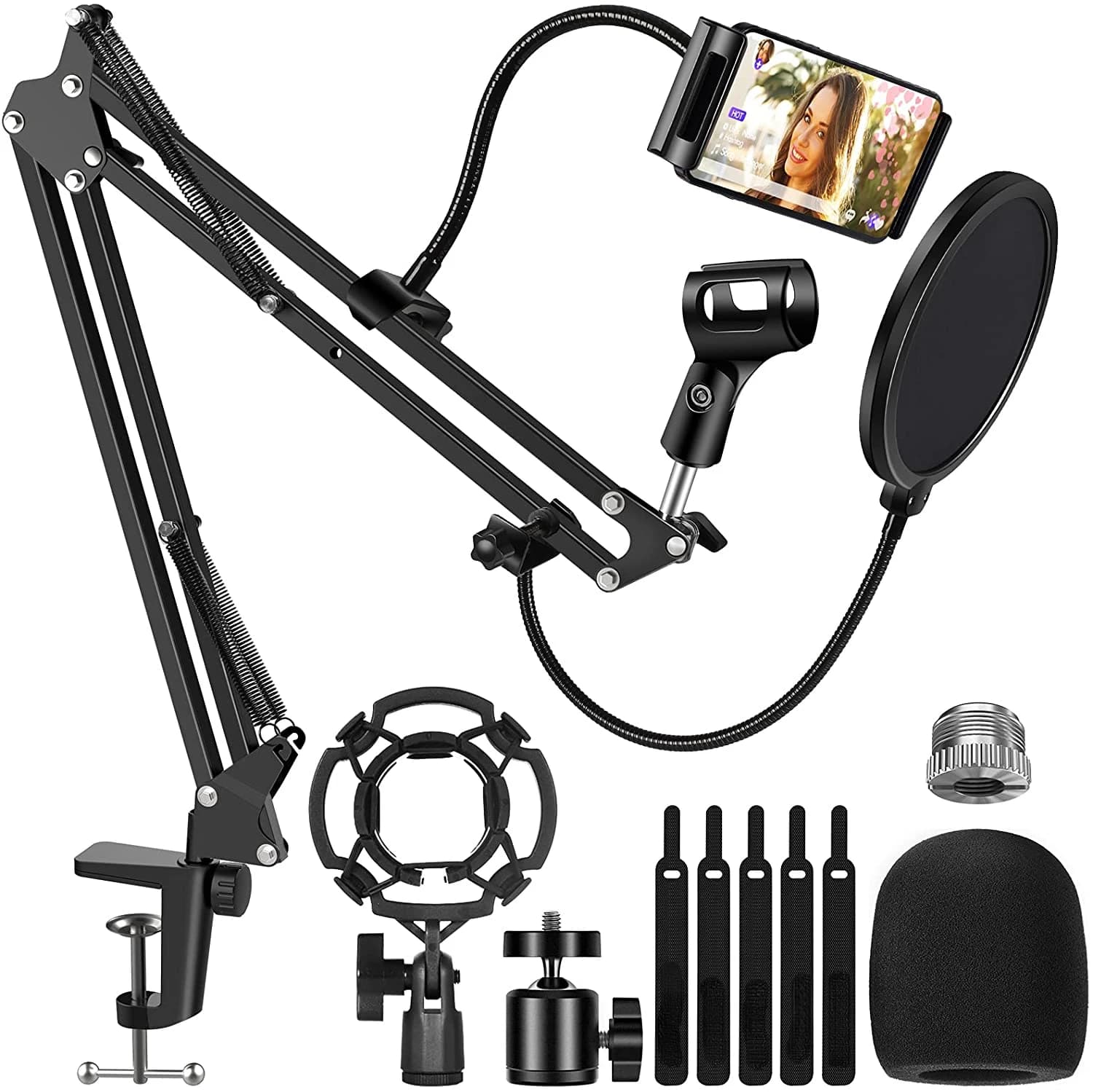 Microphone Scissor Arm Stand Bm800 Microphone Stand with Mic Shock Mount Pop Filter Mic Clip Holder Ball Head Phone Holder