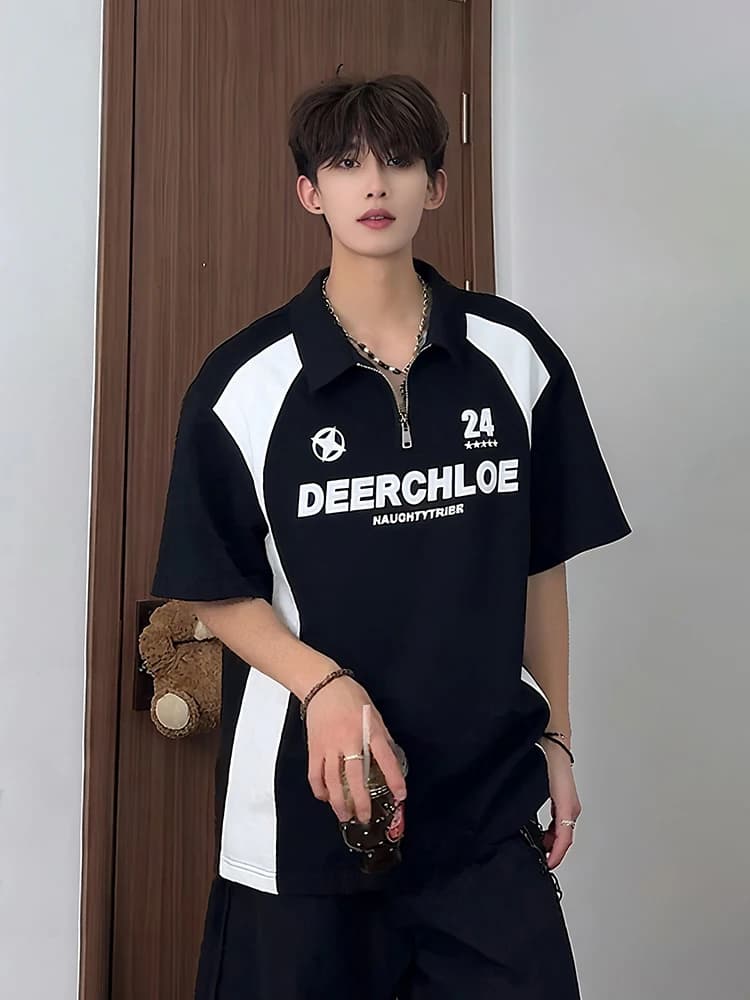 T-shirt da uomo a maniche corte con mezza zip stile americano, alla moda estiva, nero e bianco, stile pallina da golf, con colletto a risvolto