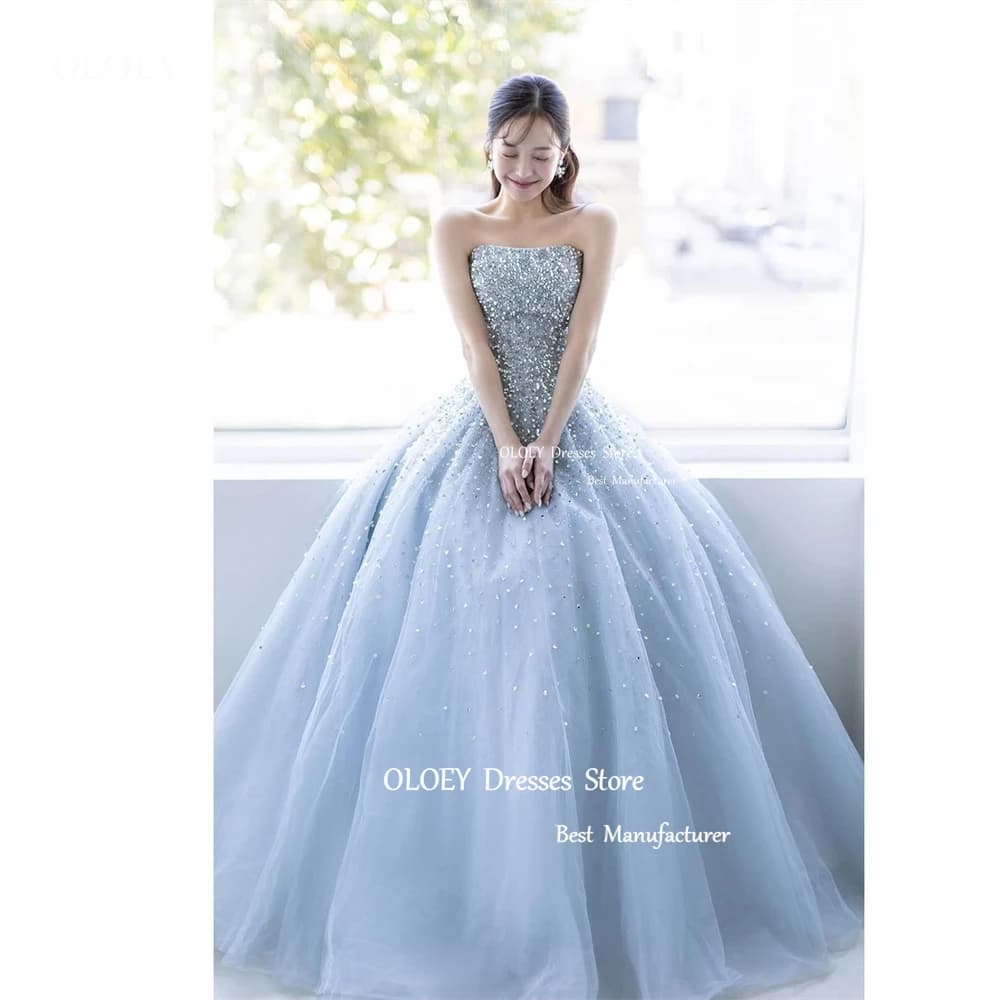 OLOEY Abiti da sera coreani scintillanti lucidi azzurri Perline lucide Cinghie personalizzate da sposa Abiti da ballo fata Corsetto sul retro