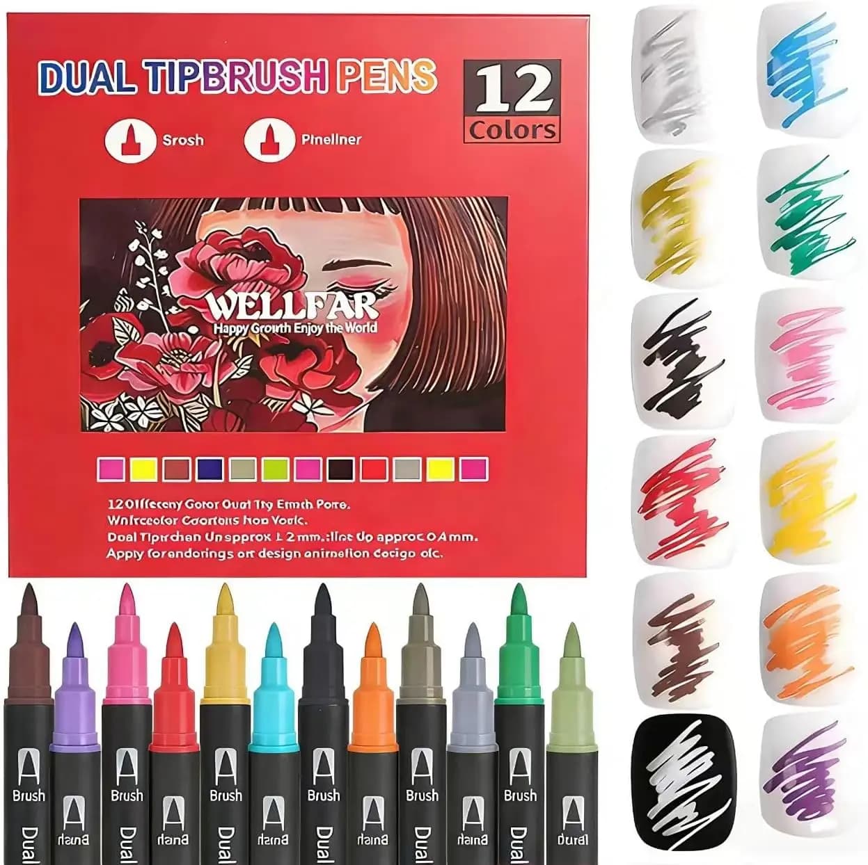 Pennarelli a Doppia Punta per Libri da Colorare per Adulti - Set di Penne Gel Acriliche Senza Sbavature, Punta Fine e a Pennello, 12 Colori, Lavabili