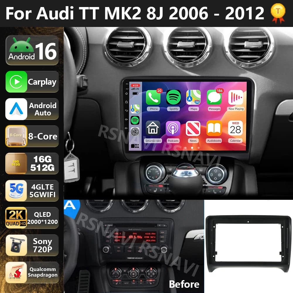 Qualcomm Android 16 Carplay Car Radio GPS For Audi TT MK2 8J 2006 - 2012 Multimedia Video Player Autoradio Stereo Head Unit