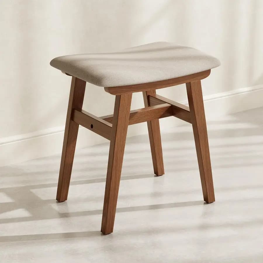 Wooden toe stool, compact makeup chair with saddle cushion, high bounce sponge seat covered in linen, easy to mount footrest