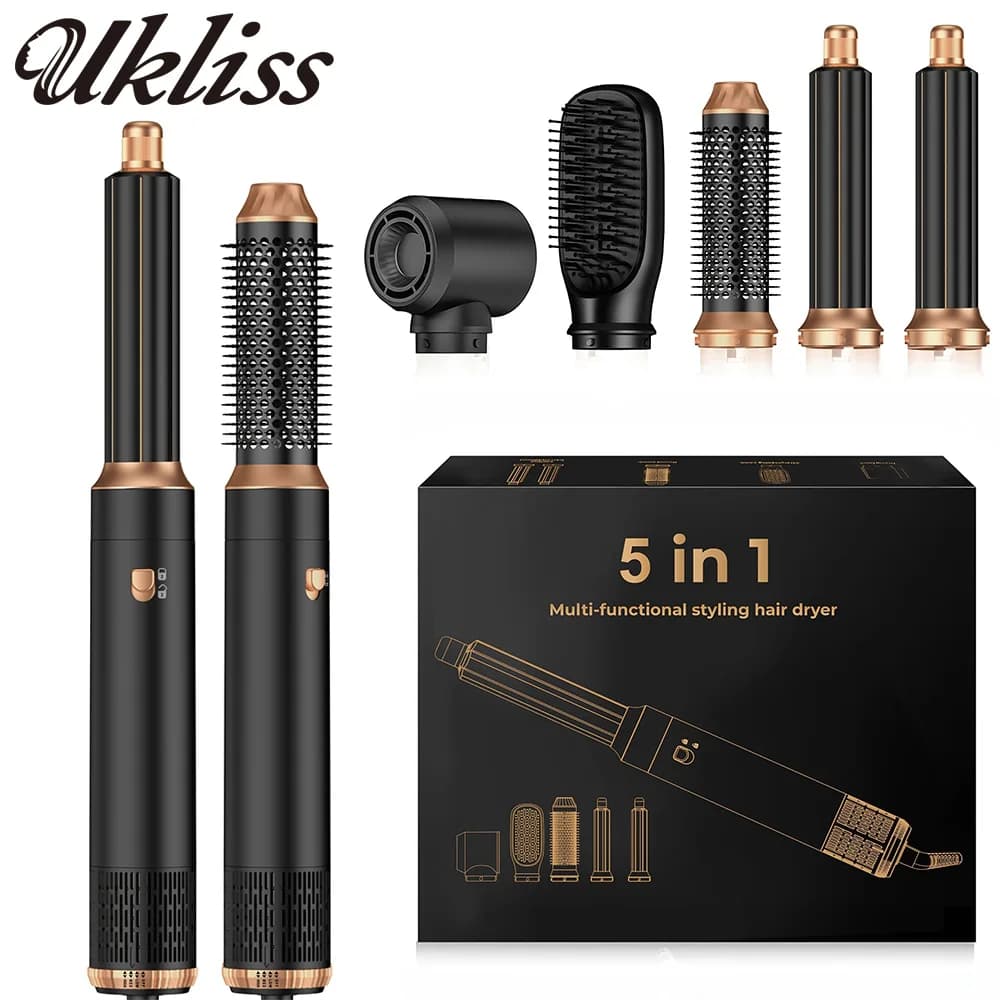UKLISS 5 In 1 Hair Dryer Brush Electric Hot Air Straightener Multi Hair Styling Blowing Comb Rotating Curling Iron Set