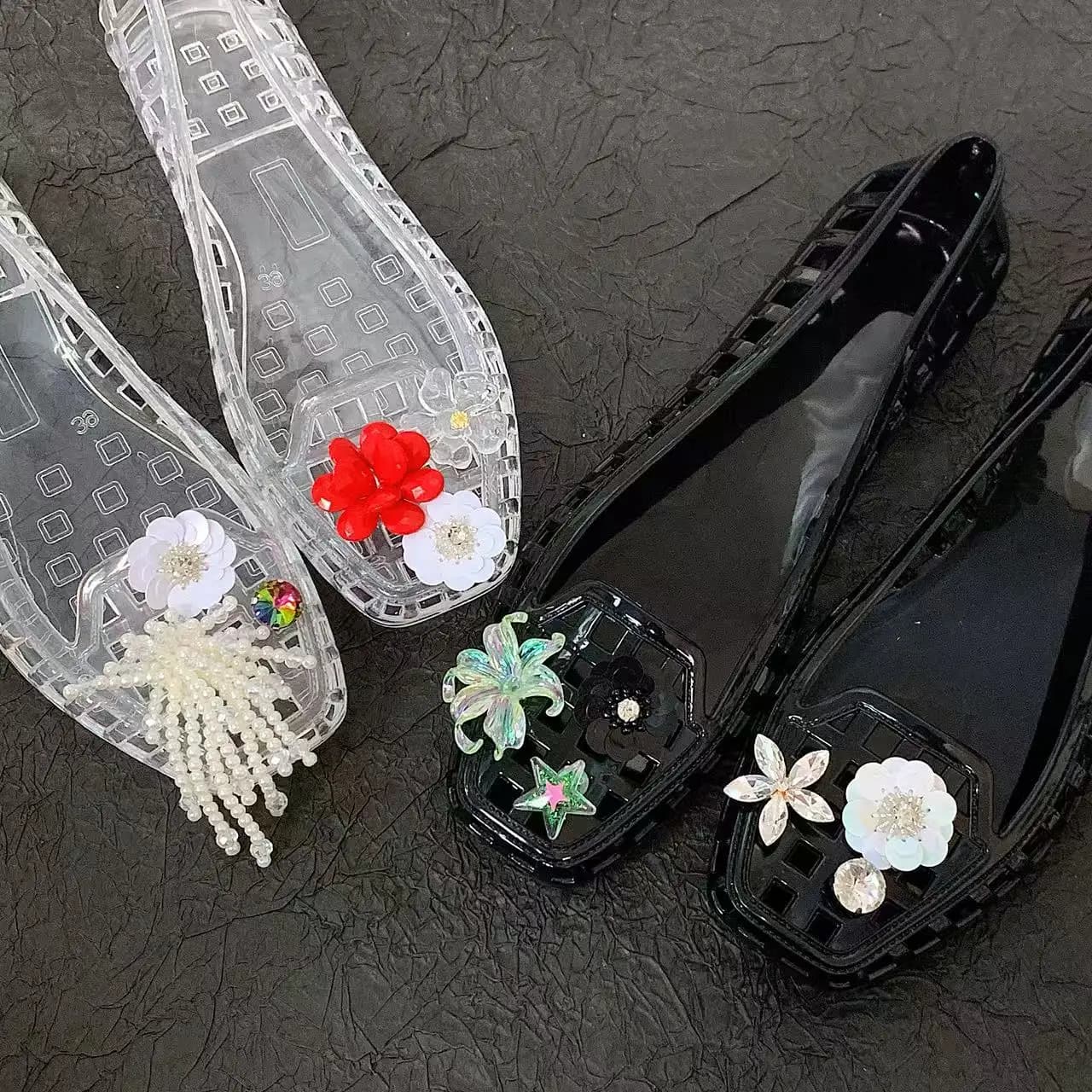 Women's Crystalline Gelatin Shoes, Summer Footwear with Square Toe, Crystal Flowers Accessories, Crystal Shoes, Sandals, Gelatin Shoes, Slip-On slippers